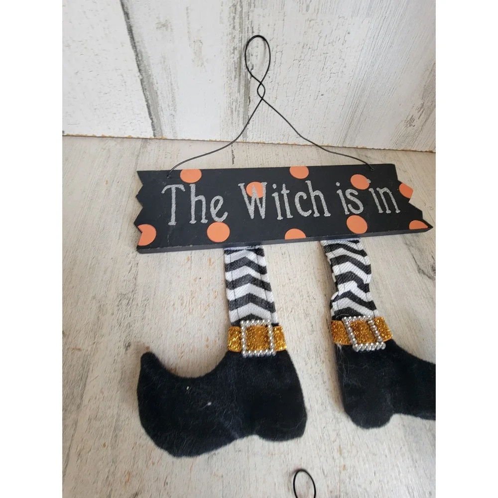 Halloween witch is in feet sign set glitter Unique broom Home decor
